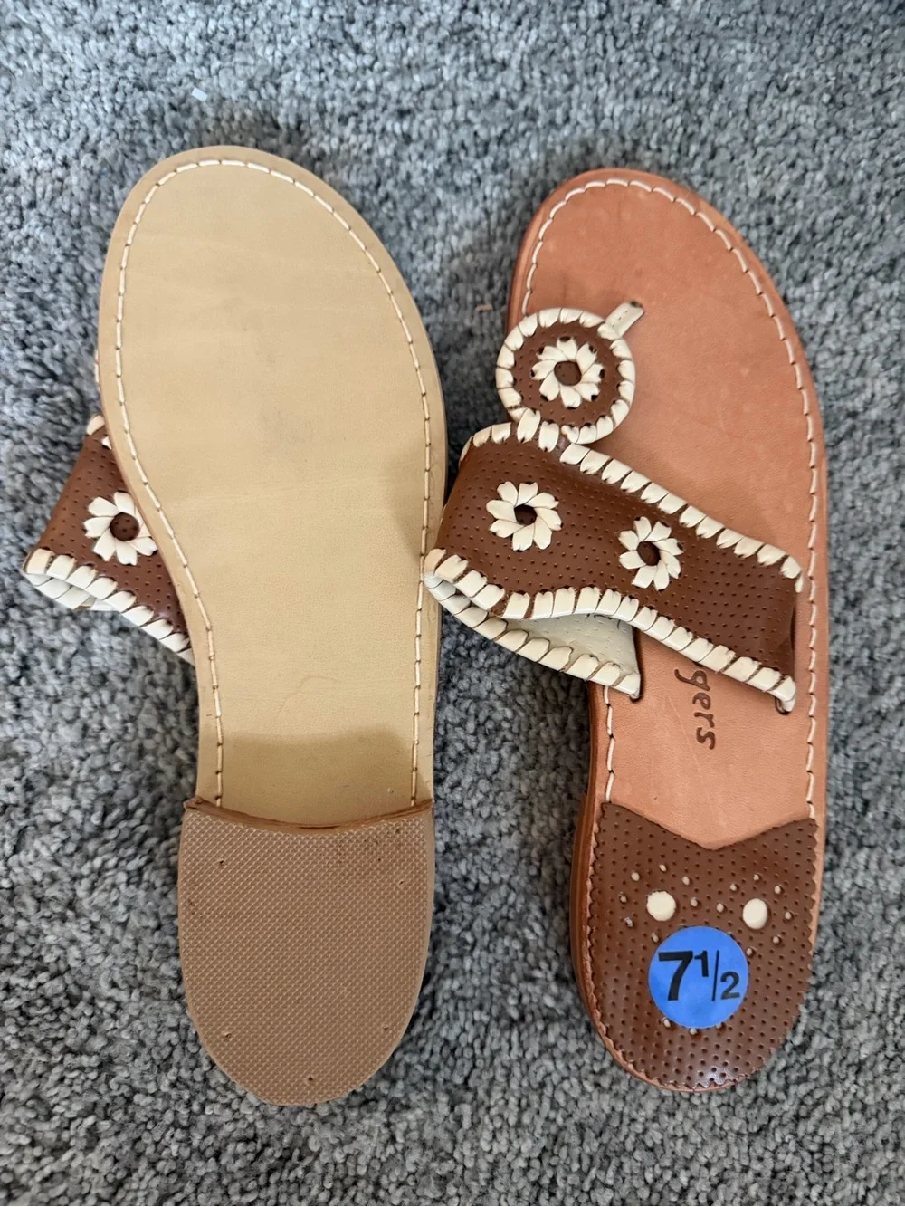 Jack Rogers Brown and White Leather Daisy Sandals